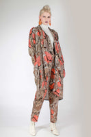 Vintage 80s WILD ROSE Two Piece Pantsuit Taupe Beige Cantaloupe Orange Floral Print Lightweight Rayon Outfit Size 10 / Medium - 25-32&quot; waist