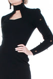 80s 90s Black Ribbed Knit Stretchy Bodycon Long Sleeve Mock Neck Dress Made in the USA Women&#39;s Size 6 / Medium 34-37&quot; bust / 24-28&quot; waist