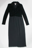 Vintage 1990s CHENILLE and Crepe Black Collared Long Sleeve Maxi Dress Made in the USA Womens Size 6 / 8 / Small / Medium / 30-36" waist