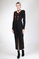 Vintage Embroidered Soft Knit Bodycon Long Sleeve Black Maxi Dress Women Size 4 / 6 / XS / Small / 34-36" bust / 29-32" waist / 32-36" hips