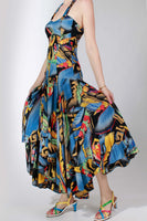 Vintage BOA PARIS France Wildly Colorful Rayon Drop Waist Layered Full Sweep Dress Women's Size 8/10 Medium- 36" bust - 30" waist - 40" hips