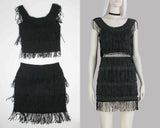 90s 2pc S.A.M. FRINGE Crop Top and Mini Skirt Set in Black Made in the USA Women Size 6 - Small - 24-34" waist