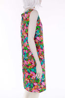 Vintage 60s Japanese Cotton Neon Floral Mod Shift Dress with Belt and Choker Women's Size 10 - Medium - 36" bust - 36" waist - 39" hips