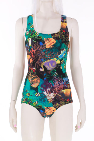 Vintage 1980s TROPICAL FISH Sea Life Photo Realistic Print One Piece Speedo Swimsuit Size XS - Small