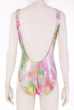 Vintage Pastel HOLOGRAPHIC Shiny Metallic Floral Plunge One Piece Swimsuit Women's Size XS Small