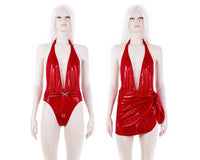 Vintage 90s Metallic CARABELLA Red Plunge High Cut 1 pc Swimsuit and Wrap Skirt 2pc Set Size XS Small