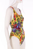 Vintage 90s Trippy Rainbow Swirl PEACE Sign One Piece Swimsuit Leotard Bodysuit Size 2 XXS XS - 28-33" bust