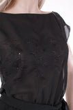 Vintage 70s SHEER EYELET Embroidered Black Chiffon Belted Peplum Sundress Doni California Size 4 / 6 / XS / Small / 37" bust / 20-30"waist