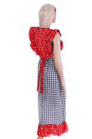 Vintage 1970s Gingham and Calico Red and Blue Apron Style Maxi Dress Women's Size 7/8 - Small - 34" bust - 26" waist - 42" hips - 54" long