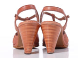 Vintage 70s CRAWDADS Tan Leather Stacked High Heel Slingback Sandals Women's Size USA 6.5 - 7