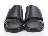 Vtg 90s Minimal Black Leather Block Heel Slip On Sandals Made in Brazil Women's Size USA 7.5 - 8