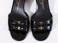 Vintage SALVATORE FERRAGAMO Boutique Black Shiny Patent Leather Slingback Block Heel Mule Made in Italy Women's USA Size 7.5