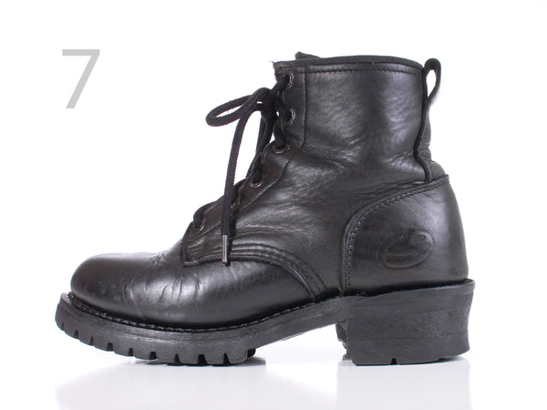 Vtg 90 SKECHERS Black Heavy Duty Distressed Black Leather Platform Heeled Boots Women's Size 7 USA
