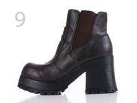 Vtg 90s LEI Super Chunky Platform Block Heel Brown Vegan Leather Ankle Boots Women's Size 9 USA