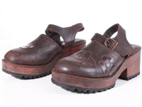 90s STEVE MADDEN Brown Embroidered Daisy Chunky Wood Platform Clog Shoes Women's Size 10 USA