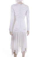 Angelic 1980s Draped ABBY KENT White Jersey and Sequin Plunging Long Sleeve Asymmetrical Dress Women's Size 8 / Medium / 36"bust - 27"waist