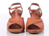 Vintage 70s CRAWDADS Tan Leather Stacked High Heel Slingback Sandals Women's Size USA 6.5 - 7