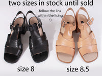 Vtg 90s Chunky Block Heel Beige Leather Sandals Women's Size USA 8.5