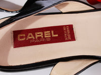 Vintage 80s CAREL PARIS Color Block Shiny Patent Leather Slingback Wedge Platform Flats Women's Size 38