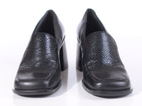 90s Black Leather Faux Snakeskin Chunky Block Heel Slip On Pumps by Jennifer Moore Women's Size 7.5 USA