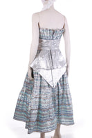 Vintage 80s VICTOR COSTA Lamé Metallic Baby Blue and Silver Pleated Cupcake Party Gown Dress Women's Size 2/ XS / 32"bust/26"waist/45"long