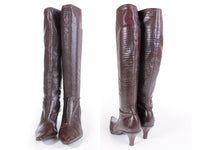 Vintage 90s Brown Reptile Embossed Faux Leather Vinyl Nearly Knee High Boots Women's USA Size 6 / 9.75" interior length / 17.5 tall