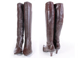 Vintage 90s Brown Reptile Embossed Faux Leather Vinyl Nearly Knee High Boots Women's USA Size 6 / 9.75" interior length / 17.5 tall
