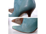 Vintage STEVE MADDEN Y2K Baby Blue Leather High Heel Mid Calf Boots Made in Brazil Women's Size USA 10 / 11.25" insole / 14.25" tall