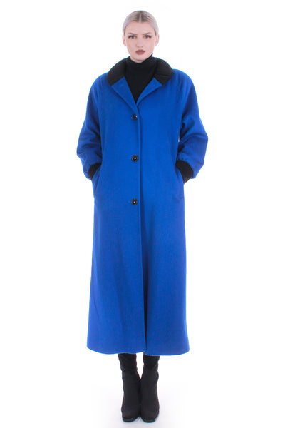 Vintage 80s MERINO WOOL Royal Blue Oversized Long Wool Duster Coat Made in the USA Women's Size Medium / Large / 45" bust / 48" long