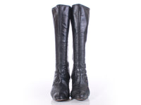 Vintage 1970s Black Leather Knee High Stacked High Heel Boots Very Worn Women's Size 9.5 Wide