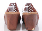 Vtg 70s Cherokee Tan Woven Leather Wedge Platform Peep Toe Mule Sandals Women's US Size 9