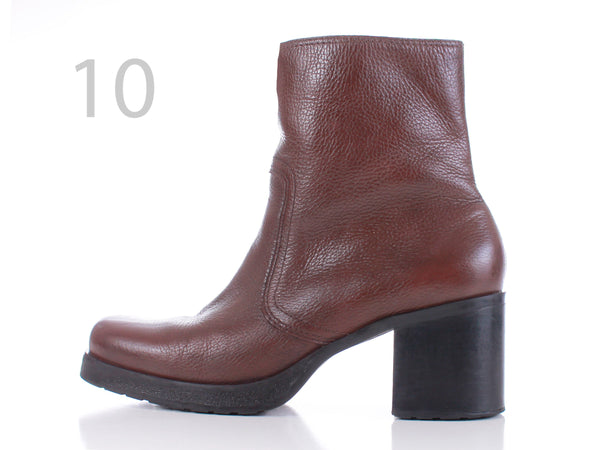 1990s Brown Leather Chunky Block Heel Platform Boots by Curfew Made in Brazil Women's Size 10 USA
