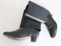 Vintage 70s Tall Black Leather Boots with Mid High Heel Distressed but Wearable Women's Size 8.5 USA
