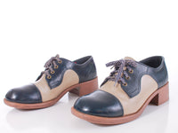 Vintage 60s MOD Platform Navy Ivory Vinyl Color Block Shoes Men Size 10 Women Size 11