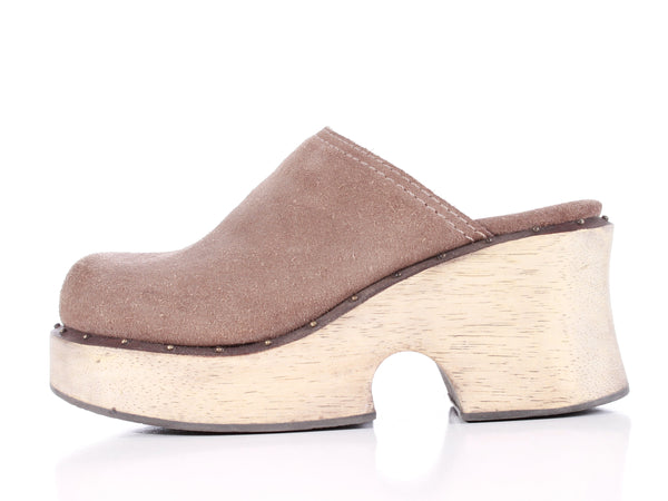 90s MIA Platform Clog Beige Tan Suede with Wood Heel Women's US Size 5