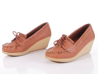 Vintage 70s SBICCA Tan Leather Wedge Platform Shoes Women's US Size 8 M