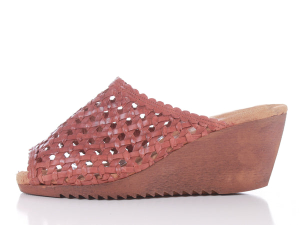 Vtg 70s Cherokee Tan Woven Leather Wedge Platform Peep Toe Mule Sandals Women's US Size 9
