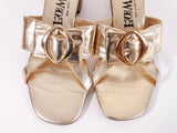 Vintage 60s LOVE MATES Gold Metallic Faux Leather Slip On Block Heel Sandals Women's US Size 6.5 - 7