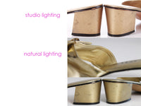 Vintage 60s LOVE MATES Gold Metallic Faux Leather Slip On Block Heel Sandals Women's US Size 6.5 - 7
