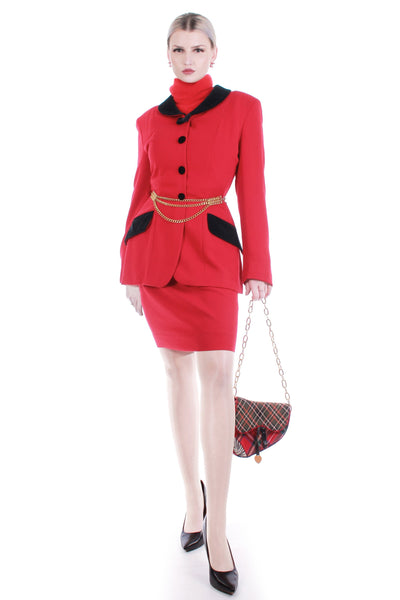 1990s MOSCHINO Cheap and Chic Italy Red Black Jacket Skirt Suit 2 pc Set Size USA 12