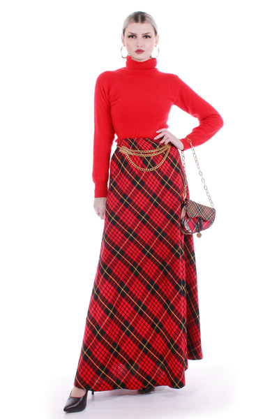 Red Plaid 1970s Vintage A-Line Maxi Skirt Women's Size Medium / 28-34" waist / 46" long