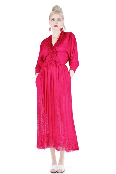 70s 80s Sybil California Loose Knit Fuchsia Rayon Dress Made in the USA Size 4 / small / 18-28" elastic waist