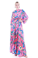 80s David Brown Jumpsuit with Massive Palazzo Pants in Pink Silky Floral Print Size Large / XL extra long length