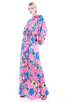 80s David Brown Jumpsuit with Massive Palazzo Pants in Pink Silky Floral Print Size Large / XL extra long length
