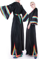 1970s Disco SOLO SF Caftan Maxi Dress in Black with Rainbow Striping Size 12 - Large - 42/42/46