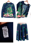Vintage 1970s Botanical Floral Navy Double Knit 2pc Skirt and Top Set Size 6-8 / XS-Small