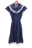 70s Vintage Navy Calico Lace Prairie Dress Size 8 / Small / 36" bust / 24-30" elastic waist