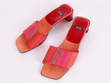1990s Y2K Stuart Weitzman Made in Spain Embroidered Orange Pink Red Block Heel Mule Sandals USA Size 6.5 B