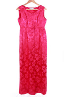 Vintage 60s Diane's Honolulu Shiny Pink Ruby Red Hibiscus Damask Empire Maxi Dress Size 4-6 / XS-small