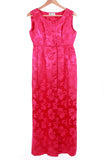 Vintage 60s Diane's Honolulu Shiny Pink Ruby Red Hibiscus Damask Empire Maxi Dress Size 4-6 / XS-small